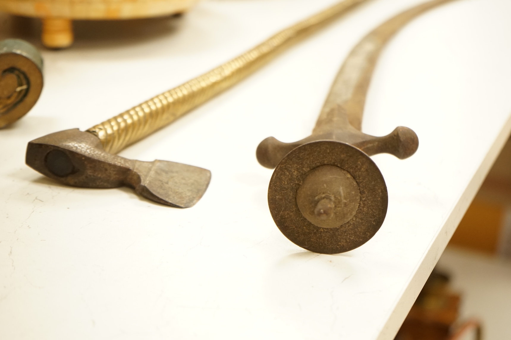 Indian tulwar and axe-head instrument-83cm long